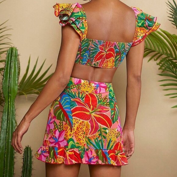 Multicolor Boho Womens Tropical Print Cut Out Waist Ruffle Hem Dress - Picture 3 of 5